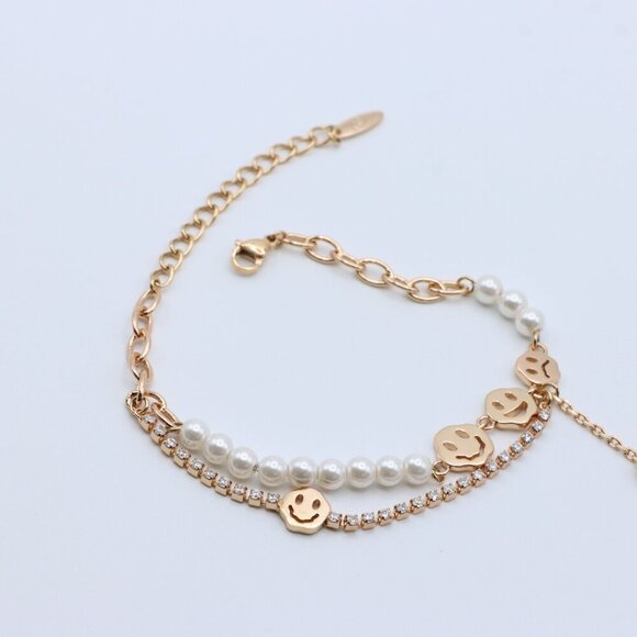 Rose Gold Smiley Face Pearl and Crystal Layered Bracelet, XPBL0671 - Picture 3 of 12